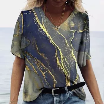 Летние женские футболки с 3D-принтом, градиентная футболка Harajuku, свободные футболки для женской одежды, новые топы с коротким рукавом и V-образным вырезом S