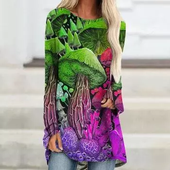 Летние женские футболки с 3d принтом грибов, футболка с длинным рукавом, женские модные футболки, длинная футболка большого размера, туники, цветочные растения 5XL