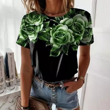 Летние женские футболки с 3D-принтом розы, пуловер с круглым вырезом, живопись на цветочную тему, базовые топы, повседневные футболки нового дизайна XS