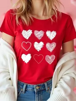 Летние женские футболки с 3D-принтом в виде красного сердца, модная уличная одежда с коротким рукавом, повседневные мягкие женские топы, футболка на День святого Валентина S