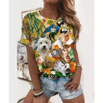 Летние женские футболки с 3D-принтом животных, женские повседневные модные топы с круглым вырезом, уличные футболки нового дизайна XS