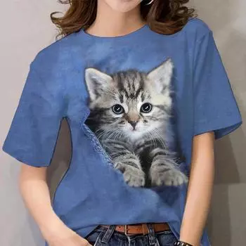 Летние женские футболки с цифровым 3D принтом «Милый кот», модные облегающие пуловеры с короткими рукавами, женская повседневная одежда, рубашки, топы 7XL