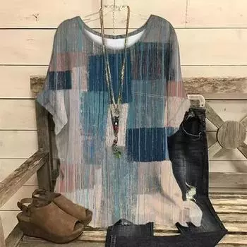 Летние женские футболки с цветочным принтом и круглым вырезом в стиле ретро, повседневные свободные свитера с короткими рукавами, свободные футболки большого размера, женская одежда S