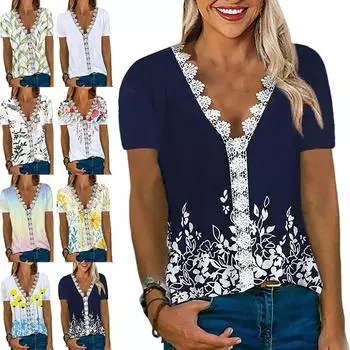 Летние женские футболки с коротким рукавом, элегантные кружевные с V-образным вырезом, повседневные удобные футболки для женщин S белый