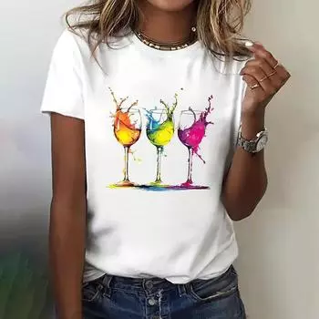 Летние женские футболки с короткими рукавами и принтом в виде винных чашек, модная блузка 2024 года для женщин, свободная женская одежда для вечеринок S