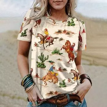 Летние женские футболки с короткими рукавами, топы с принтом западных ковбойских лошадей, модная блузка 2024 года для женщин, винтажная женская одежда больших размеров M