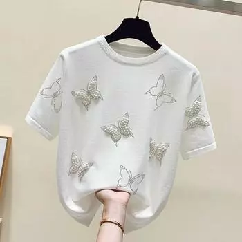 Летние женские футболки с круглым вырезом и короткими рукавами, женские вязаные топы с милой жемчужной вышивкой, шикарные корейские футболки с бабочкой и бисером XS чёрный