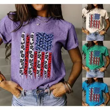 Летние женские футболки с круглым вырезом и короткими рукавами из чистого хлопка с блестящим принтом и национальным флагом S