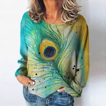 Летние женские футболки с круглым вырезом и принтом павлиньих перьев, модные длинные рукава, Harajuku Y2k, повседневная женская хлопковая футболка большого размера 4XL