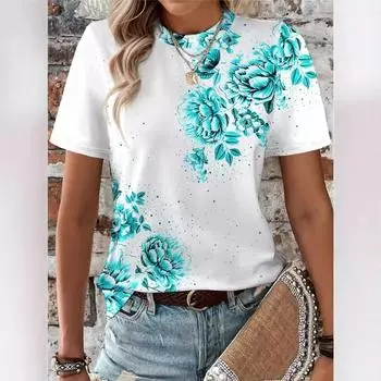 Летние женские футболки с круглым вырезом и короткими рукавами с цветочным 3D-принтом Футболки женские S