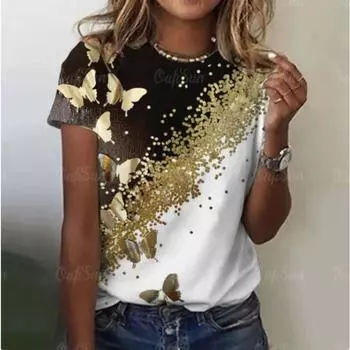 Летние женские футболки с круглым вырезом, модные, повседневные, универсальные, с 3D-принтом, с короткими рукавами, женские S