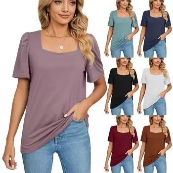 Летние женские футболки с квадратным воротником, мягкие, тонкие, однотонные, с коротким рукавом, свободные дышащие топы большого размера, повседневные футболки S чёрный