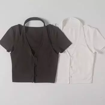 Летние женские футболки с лямкой на шее и V-образным вырезом, тонкие женские футболки, женская одежда S белый