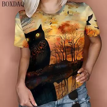 Летние женские футболки с принтом 3D Cat Urban, повседневный свитер свободного кроя с короткими рукавами и круглым вырезом S