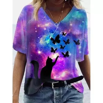 Летние женские футболки с принтом «кошка-бабочка» и цветочным принтом в 3D-стиле, винтажная уличная мода, футболки, женская одежда 2000 года, свободные топы S