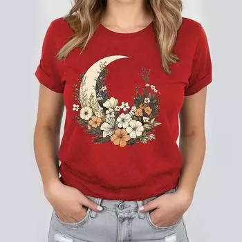 Летние женские футболки с принтом луны, топ с коротким пуловером, модная повседневная футболка с круглым вырезом и рукавами, женская одежда XL