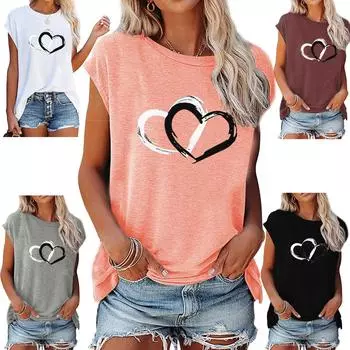 Летние женские футболки с принтом сердца, модные повседневные свободные топы с коротким рукавом и круглым вырезом S чёрный