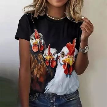 Летние женские футболки с рисунком цыпленка из мультфильма с забавным принтом животных в формате 3D, с короткими рукавами, свободные футболки с круглым вырезом XS