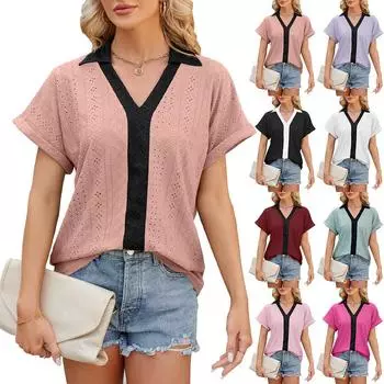 Летние женские футболки с v-образным вырезом, мягкие тонкие цветные с короткими рукавами, свободные дышащие топы больших размеров, повседневные подходящие S чёрный