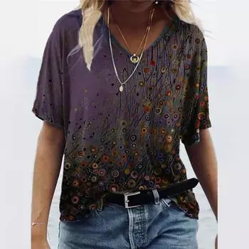 Летние женские футболки с v-образным вырезом, модные женские топы с короткими рукавами и графическим принтом, 5xl, свободная забавная одежда с цветочным принтом, повседневная футболка XL