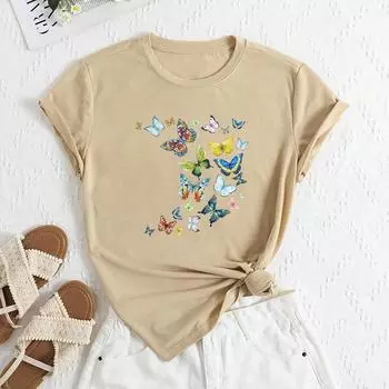 Летние женские футболки свободного покроя с цветным принтом бабочек и круглым вырезом из чистого хлопка с короткими рукавами для женщин S абрикосовый
