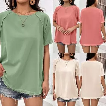 Летние женские футболки свободного покроя с круглым вырезом и кисточками в стиле пэчворк с коротким рукавом и однотонным верхом S розовый