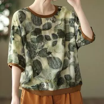 Летние женские футболки Tencel Hemp Art Retro со средним рукавом и круглым вырезом с принтом one size