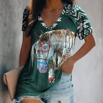 Летние женские футболки Tie Dye Contrast с V-образным вырезом и 3D-печатью из хлопка, устойчивые к моде, уличные короткие футболки S