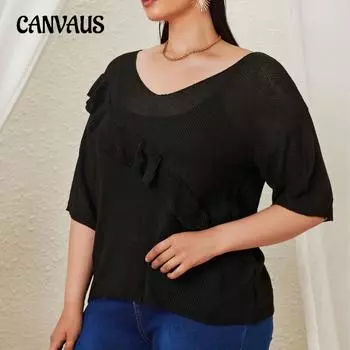 Летние женские футболки, топы, большие размеры, тканая рубашка с оборками, пуловер, свободные вязаные топы с короткими рукавами 1XL чёрный