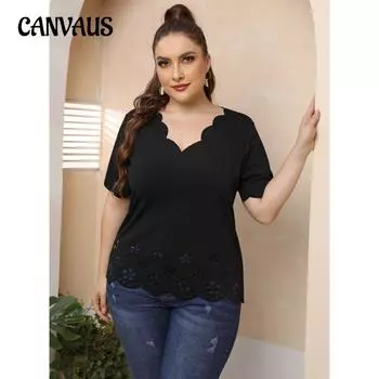 Летние женские футболки, топы больших размеров, топы с полыми волнистыми краями, глубоким V-образным вырезом и короткими рукавами 0XL чёрный