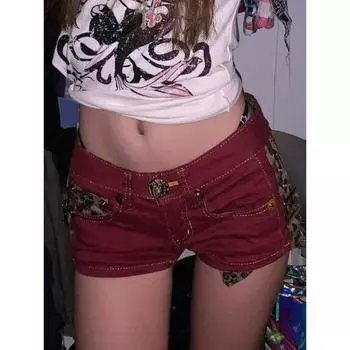 Летние женские Gyaru Hot Kpop Брюки Клубная одежда Джинсовые шорты Сексуальные джинсовые шорты Уличная одежда с карманами на молнии с низкой талией в стиле пэчворк XS красный