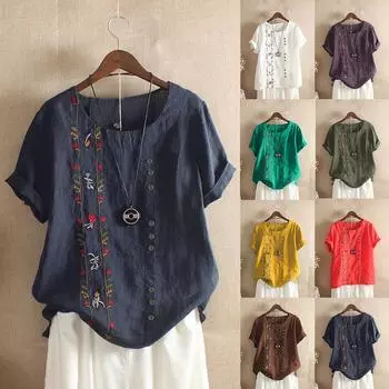 Летние женские хлопковые льняные рубашки с коротким рукавом, винтажная длинная свободная женская блузка с цветочной вышивкой, повседневный женский топ S-5XL 5XL белый