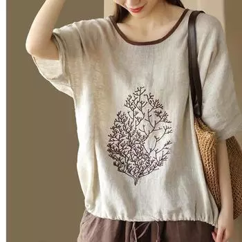 Летние женские хлопковые льняные винтажные рубашки, топы в стиле ретро с вышивкой на шнурках, цветные свободные топы с круглым вырезом для женщин XXXXL