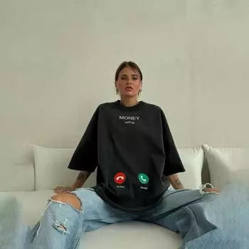 Летние женские хлопковые топы, свободная футболка с принтом Caller ID, женская базовая рубашка средней длины с короткими рукавами и круглым вырезом L чёрный