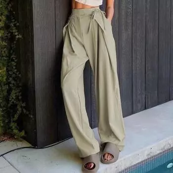 Летние женские капри с высокой талией в стиле Харадзюку, мешковатые прямые брюки на шнуровке, женские брюки, одежда S зелёный
