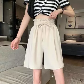 Летние женские капри, свободные и универсальные широкие брюки с высокой талией, корейские повседневные шорты S чёрный