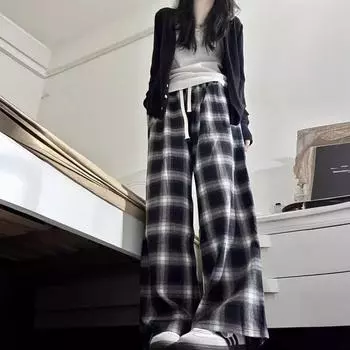 Летние женские клетчатые брюки прямого покроя с высокой талией, свободные брюки-клеш, модные XXL чёрный