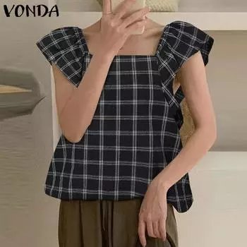 Летние женские клетчатые топы VONDA с квадратным воротником из 100% хлопка