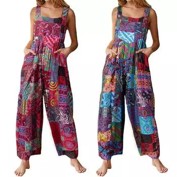 Летние женские комбинезоны на бретелях, винтажный комбинезон нагрудник с цветочным принтом, длинный комбинезон с широкими штанинами и длинными рукавами, комбинезон, комбинезон L синий