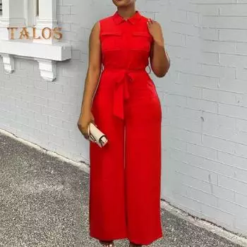 Летние женские комбинезоны нагрудные карманы без рукавов с широкими штанинами на молнии спереди однотонные на шнуровке с поясом с высокой талией и лацканами Формальный деловой стиль OL M оранжевый/красный