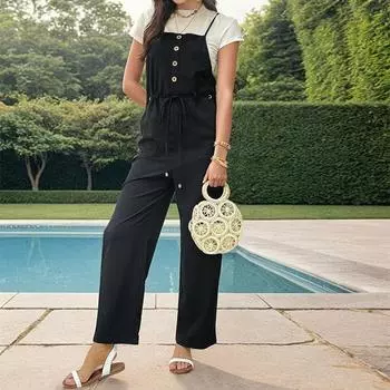 Летние женские комбинезоны, повседневные брюки-комбинезоны, подтяжки на пуговицах, цельные брюки S чёрный