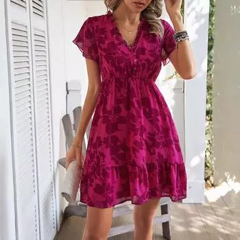 Летние женские короткие платья длиной до колена с оборками и V-образным вырезом в праздничном стиле с принтом S розы красного