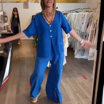 Летние женские костюмы и комплекты, модные однотонные повседневные брюки с короткими рукавами и разрезами на пуговицах из хлопка и льна S чёрный