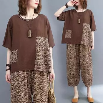 Летние женские костюмы, свободные и тонкие топы, женские брюки с принтом «девятка» больших размеров, костюм-двойка XXXXXL чёрный