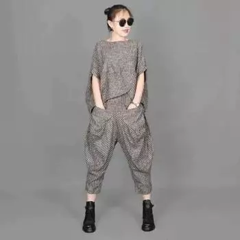 Летние женские костюмы в полоску в стиле ретро с коротким рукавом, свободный топ, женские повседневные брюки, комплект из двух предметов XXXL чёрный