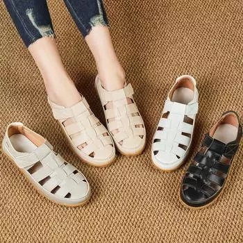 Летние женские кожаные сандалии большого размера, дышащие сандалии с закрытым носком, повседневная обувь, спортивные сандалии 35 бежевый