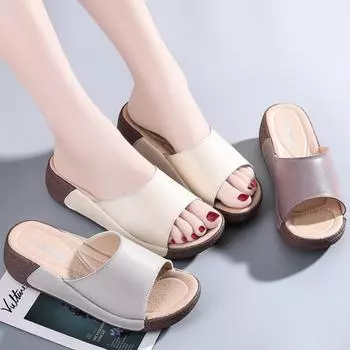 Летние женские кожаные тапочки с надписью Drag Cake на толстой подошве, песочные тапочки с увеличением, женские босоножки на высоком каблуке 35 серый