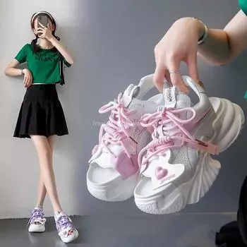 Летние женские кроссовки Kawaii из сетки на высокой платформе, белые туфли на каблуках, босоножки на танкетке, дышащая женская повседневная летняя обувь 34(Foot 22cm) розовый