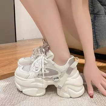 Летние женские кроссовки на массивной сетке, женские кроссовки на платформе, повседневная обувь на танкетке 8 см, новая осенняя дышащая спортивная женская обувь для папы 34 бежевый