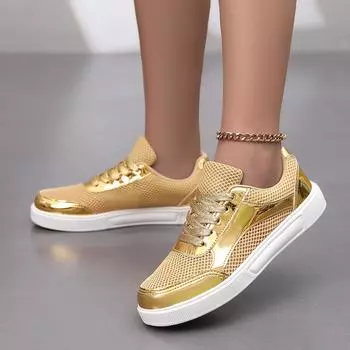 Женские кроссовки повседневные школьные студенческие туфли легкие для девочек обувь для скейтбординга серебристо-золотые большие размеры EU: 36 золотой